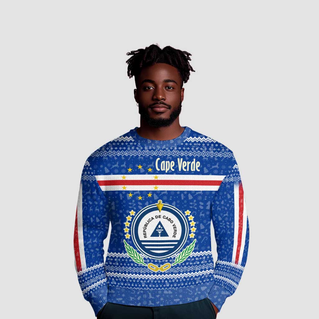 Cape Verde Christmas Ugly Christmas Sweater Blue Festive Pattern Sailing Santa and National Emblem Motif - African Pride