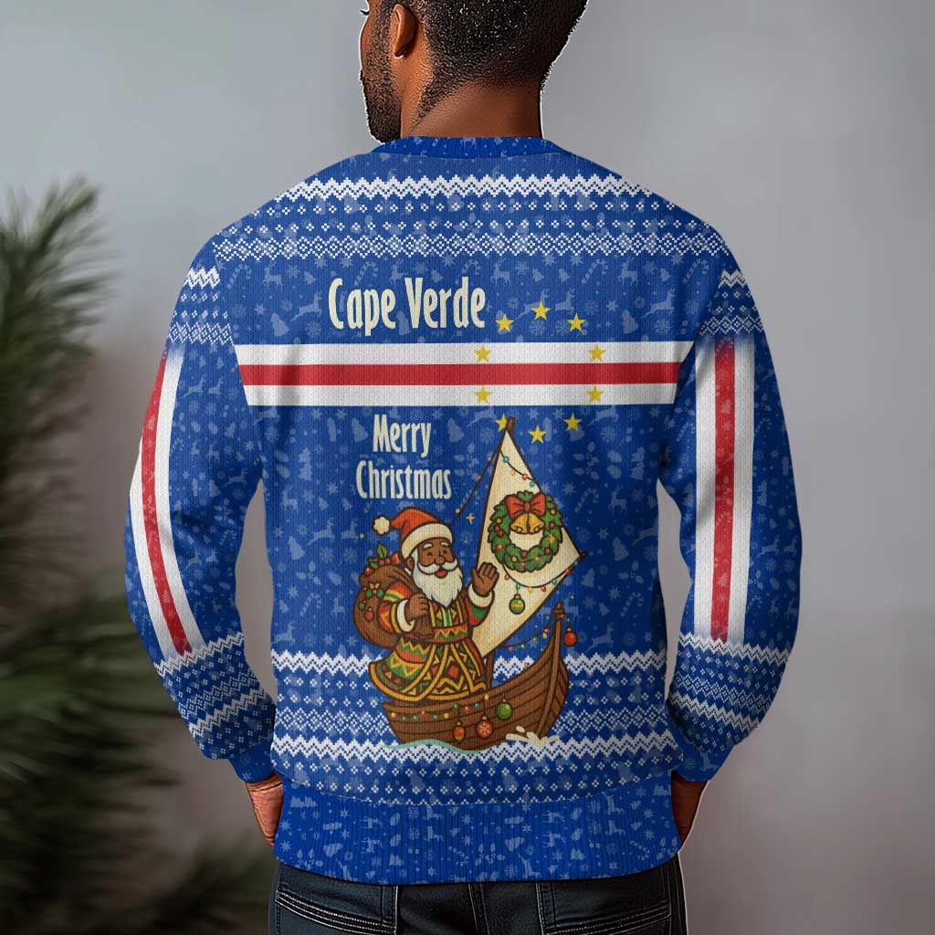 Cape Verde Christmas Ugly Christmas Sweater Blue Festive Pattern Sailing Santa and National Emblem Motif - African Pride