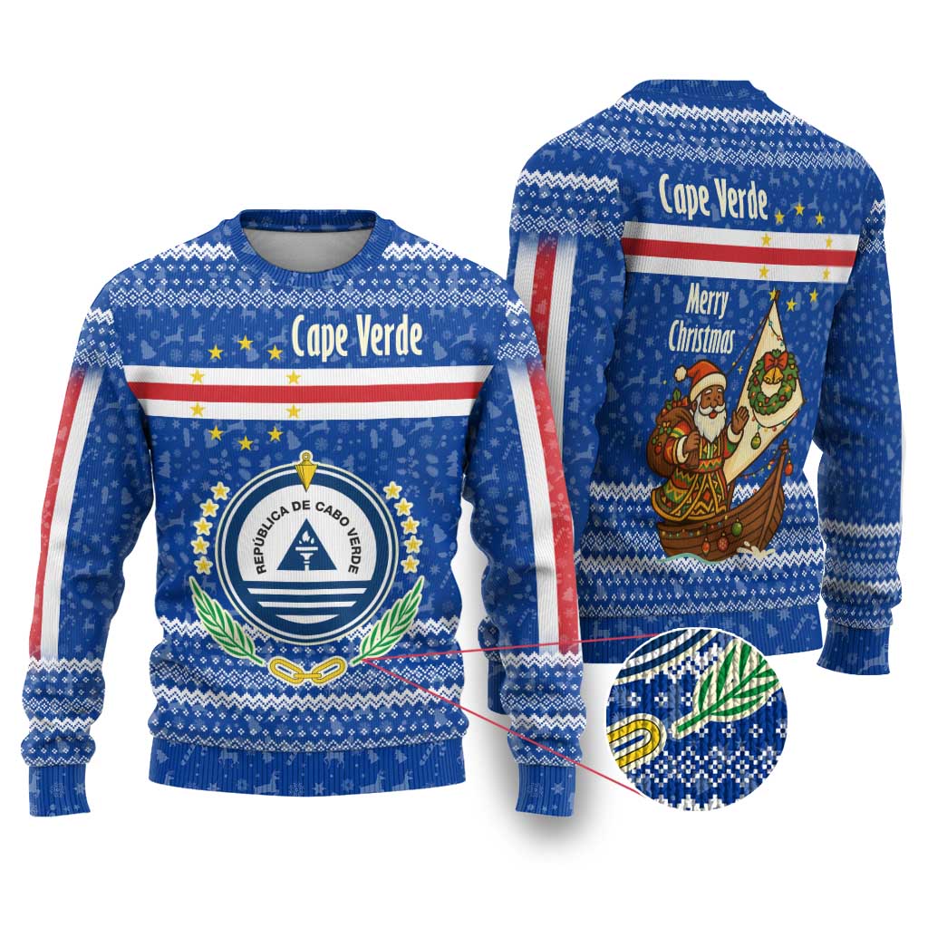 Cape Verde Christmas Ugly Christmas Sweater Blue Festive Pattern Sailing Santa and National Emblem Motif - African Pride
