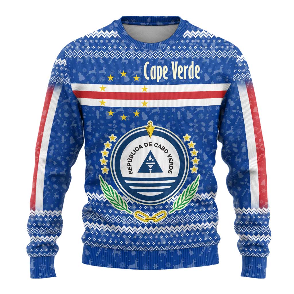 Cape Verde Christmas Ugly Christmas Sweater Blue Festive Pattern Sailing Santa and National Emblem Motif - African Pride