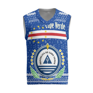 Cape Verde Christmas Knitted V-Neck Vest Blue Festive Pattern Sailing Santa and National Emblem Motif - African Pride