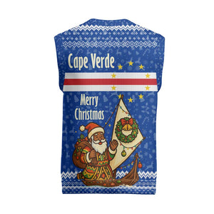 Cape Verde Christmas Knitted V-Neck Vest Blue Festive Pattern Sailing Santa and National Emblem Motif - African Pride