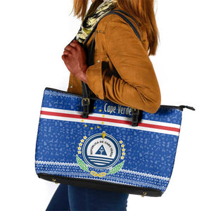 Cape Verde Christmas Leather Tote Bag Blue Festive Pattern Sailing Santa and National Emblem Motif - African Pride