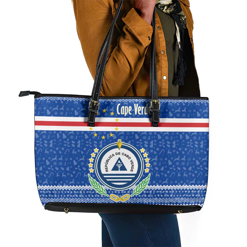 Cape Verde Christmas Leather Tote Bag Blue Festive Pattern Sailing Santa and National Emblem Motif - African Pride
