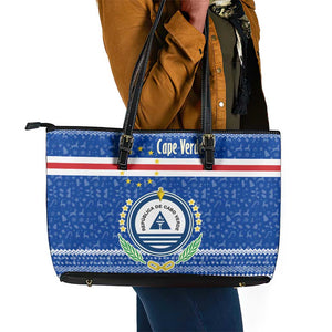 Cape Verde Christmas Leather Tote Bag Blue Festive Pattern Sailing Santa and National Emblem Motif - African Pride