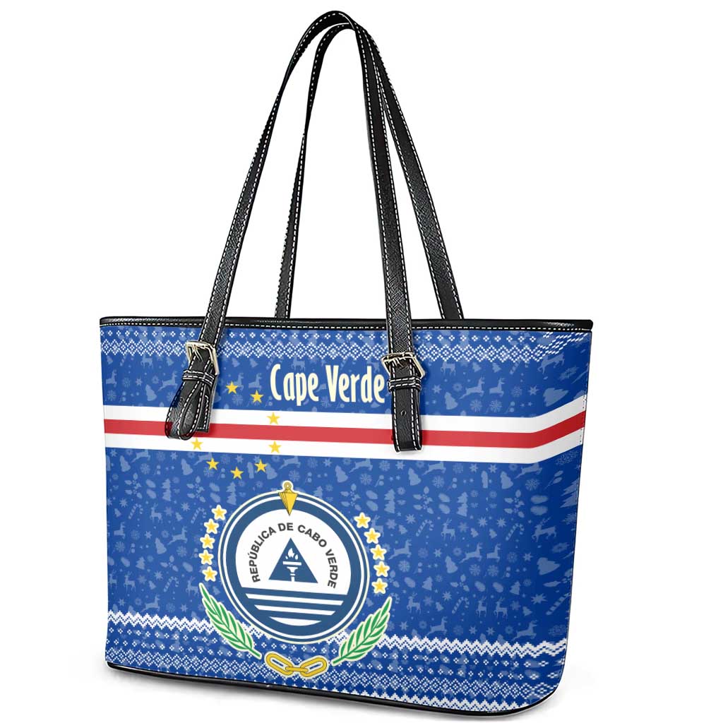 Cape Verde Christmas Leather Tote Bag Blue Festive Pattern Sailing Santa and National Emblem Motif - African Pride