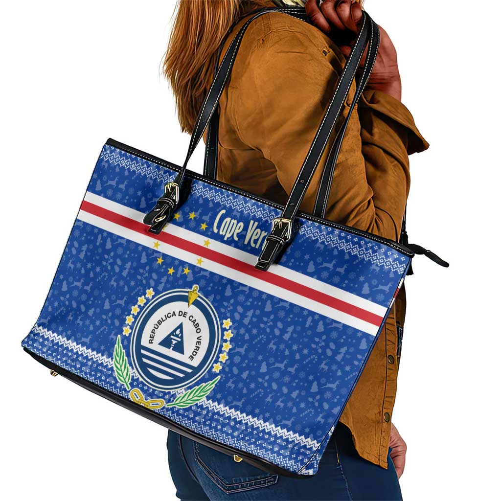 Cape Verde Christmas Leather Tote Bag Blue Festive Pattern Sailing Santa and National Emblem Motif - African Pride