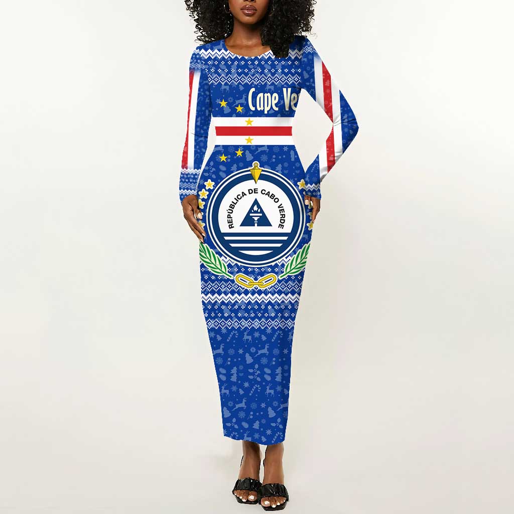Cape Verde Christmas Long Sleeve Bodycon Dress Blue Festive Pattern Sailing Santa and National Emblem Motif - African Pride