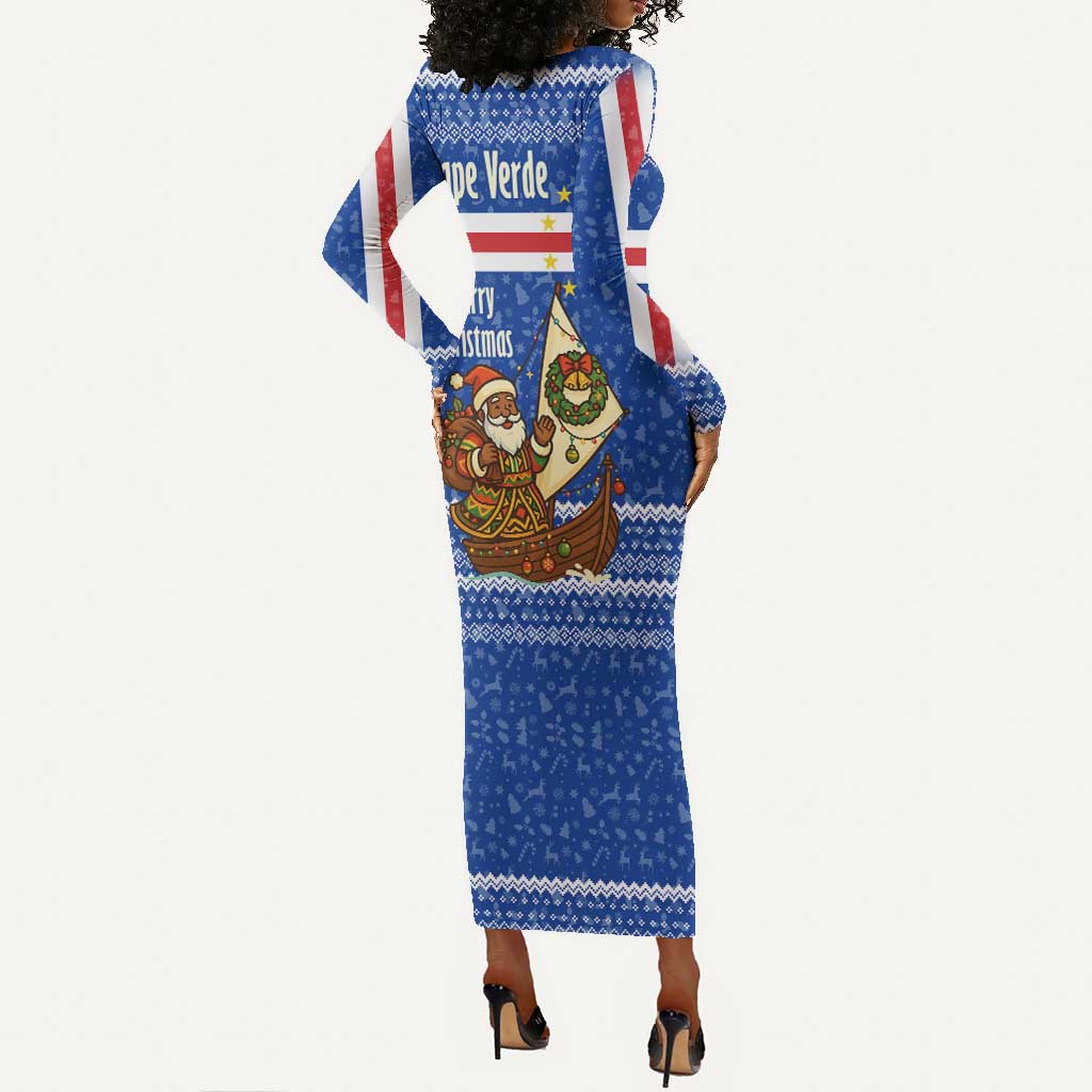 Cape Verde Christmas Long Sleeve Bodycon Dress Blue Festive Pattern Sailing Santa and National Emblem Motif - African Pride