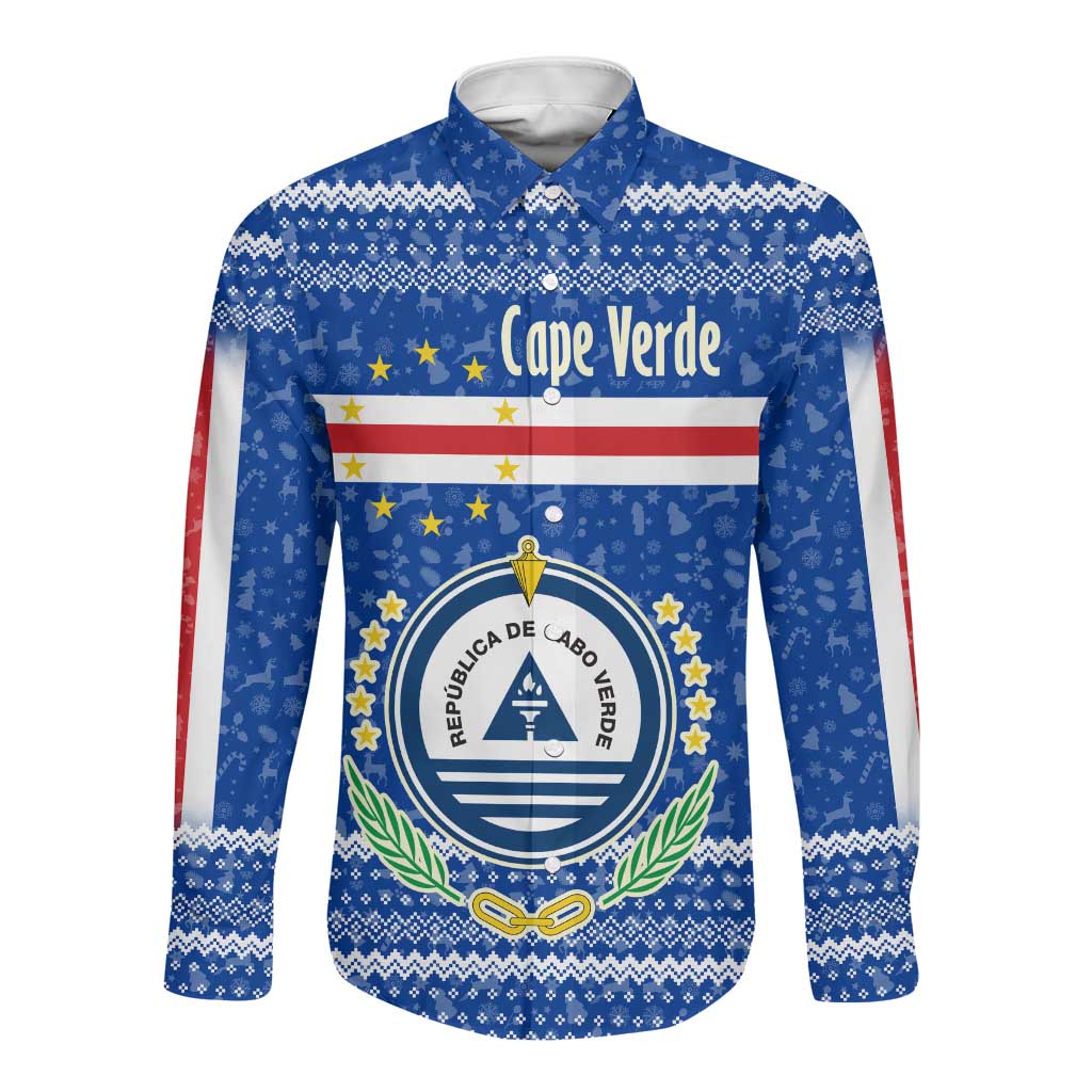 Cape Verde Christmas Long Sleeve Button Shirt Blue Festive Pattern Sailing Santa and National Emblem Motif - African Pride