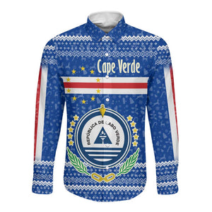 Cape Verde Christmas Long Sleeve Button Shirt Blue Festive Pattern Sailing Santa and National Emblem Motif - African Pride