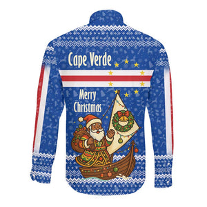 Cape Verde Christmas Long Sleeve Button Shirt Blue Festive Pattern Sailing Santa and National Emblem Motif - African Pride