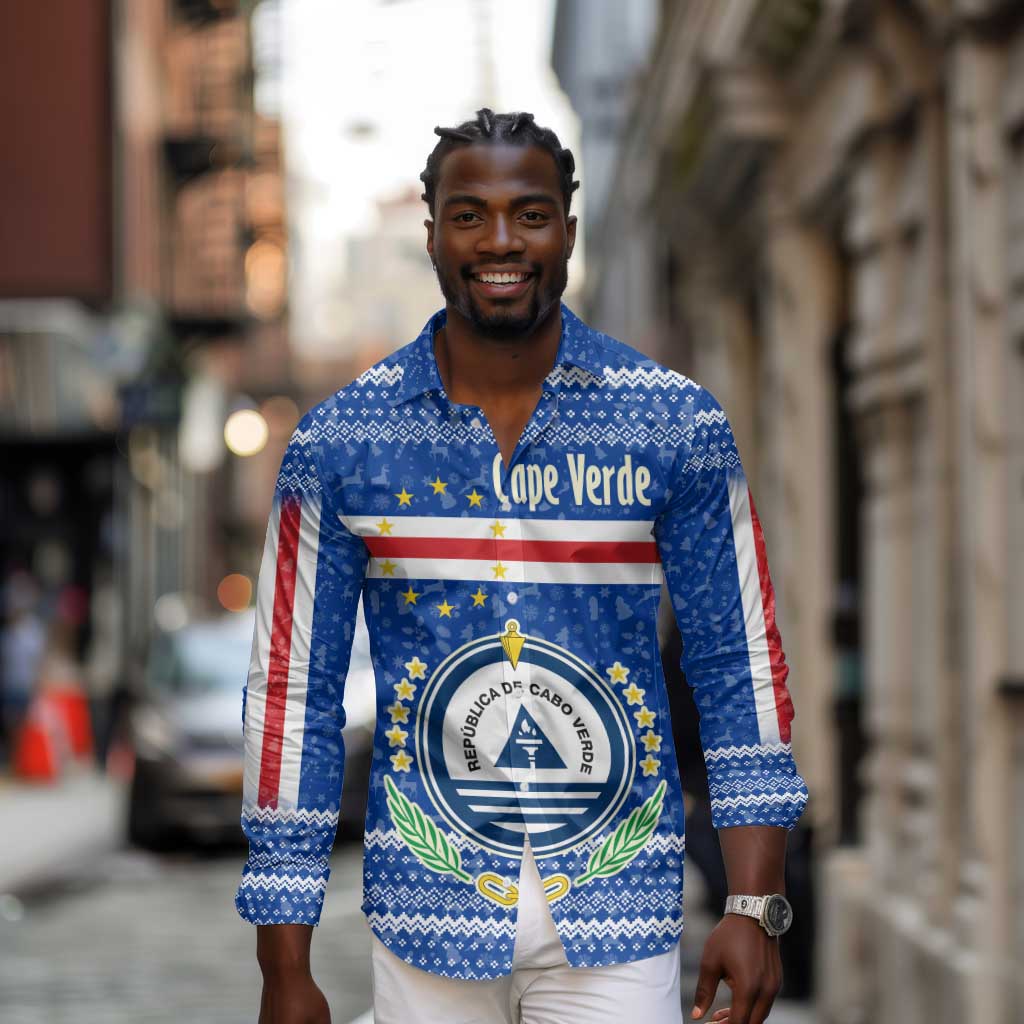 Cape Verde Christmas Long Sleeve Button Shirt Blue Festive Pattern Sailing Santa and National Emblem Motif - African Pride