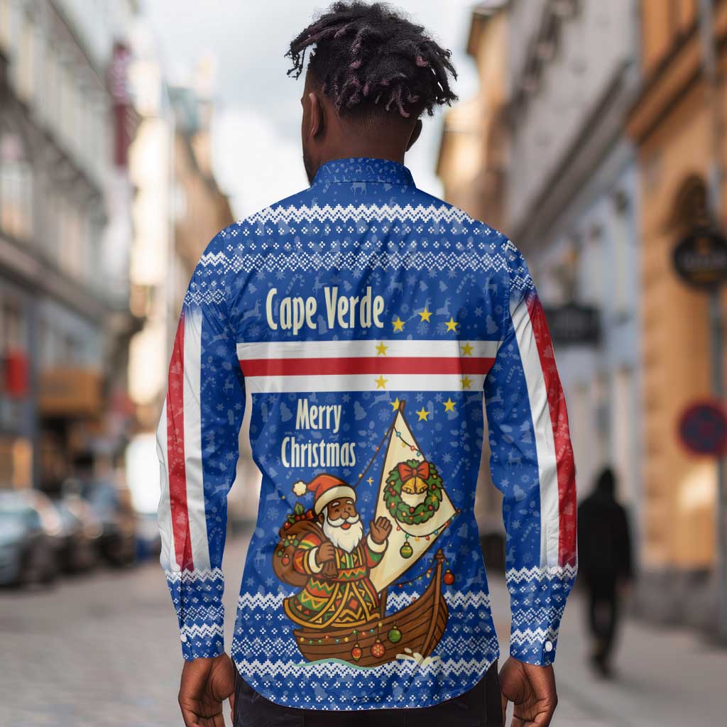 Cape Verde Christmas Long Sleeve Button Shirt Blue Festive Pattern Sailing Santa and National Emblem Motif - African Pride