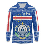Cape Verde Christmas Long Sleeve Polo Shirt Blue Festive Pattern Sailing Santa and National Emblem Motif - African Pride