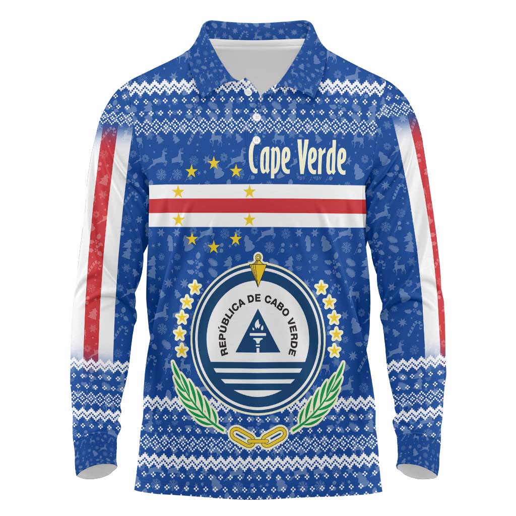Cape Verde Christmas Long Sleeve Polo Shirt Blue Festive Pattern Sailing Santa and National Emblem Motif - African Pride