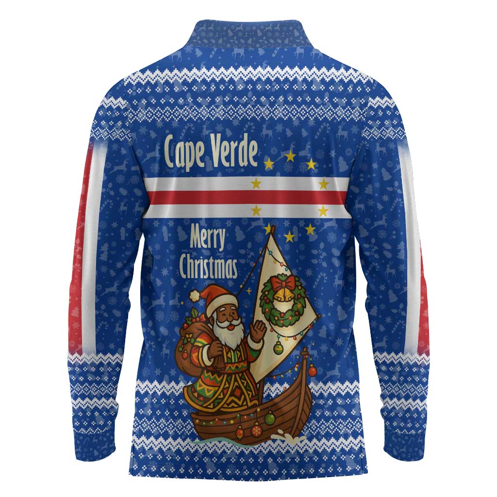Cape Verde Christmas Long Sleeve Polo Shirt Blue Festive Pattern Sailing Santa and National Emblem Motif - African Pride