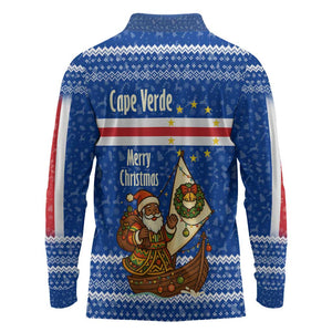 Cape Verde Christmas Long Sleeve Polo Shirt Blue Festive Pattern Sailing Santa and National Emblem Motif - African Pride