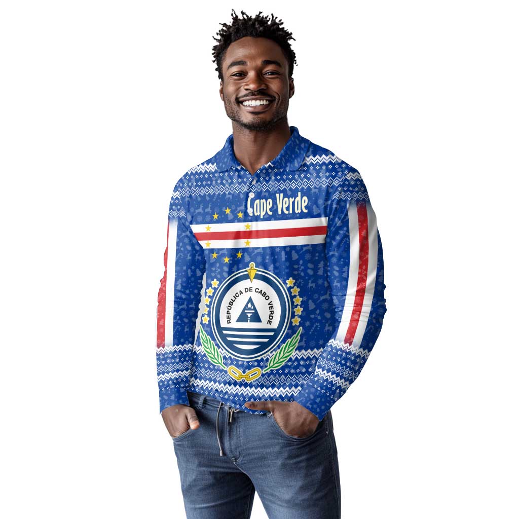 Cape Verde Christmas Long Sleeve Polo Shirt Blue Festive Pattern Sailing Santa and National Emblem Motif - African Pride