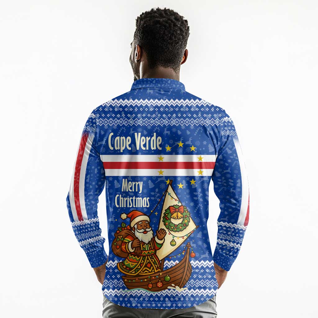 Cape Verde Christmas Long Sleeve Polo Shirt Blue Festive Pattern Sailing Santa and National Emblem Motif - African Pride