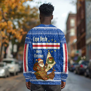 Cape Verde Christmas Long Sleeve Shirt Blue Festive Pattern Sailing Santa and National Emblem Motif - African Pride