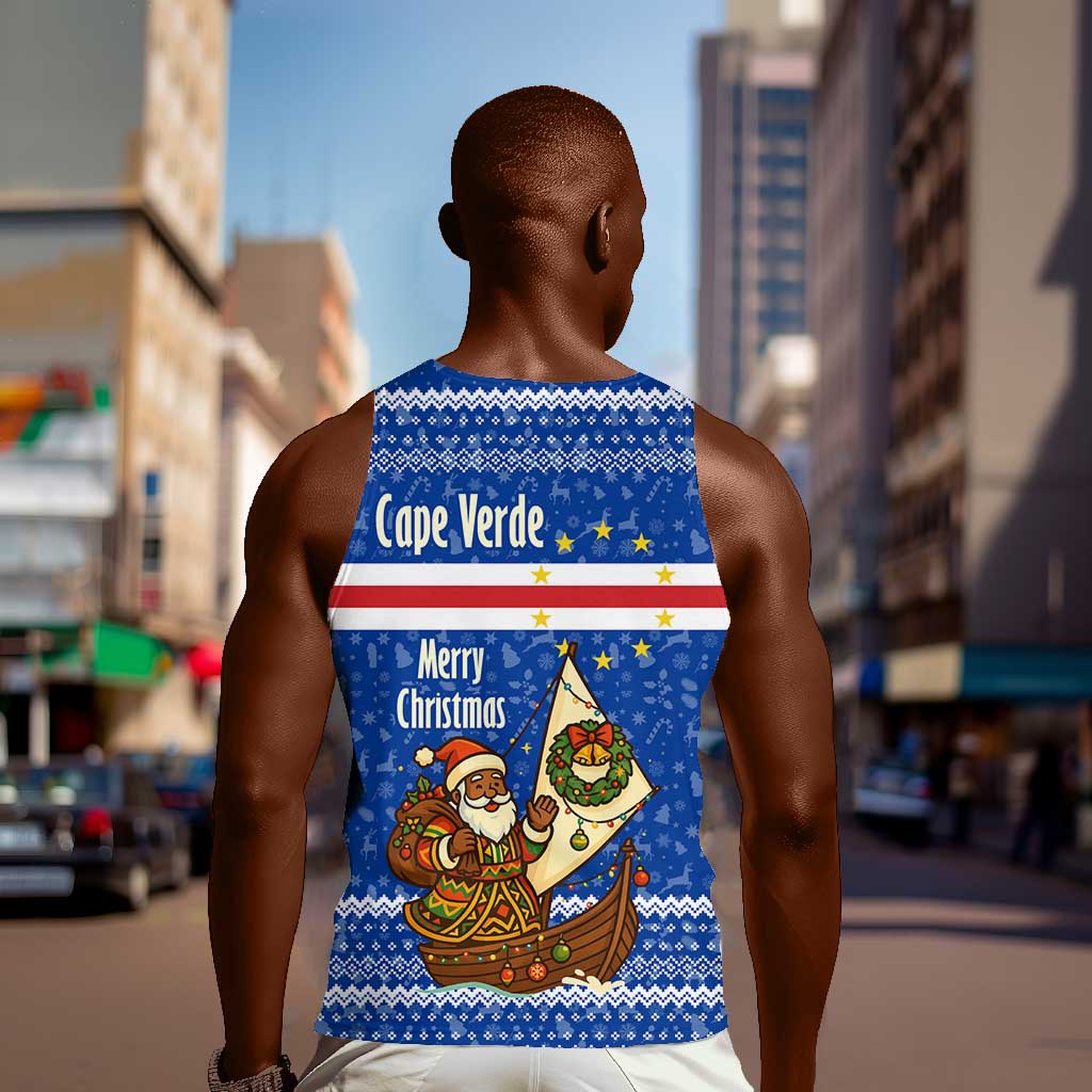 Cape Verde Christmas Men Tank Top Blue Festive Pattern Sailing Santa and National Emblem Motif - African Pride