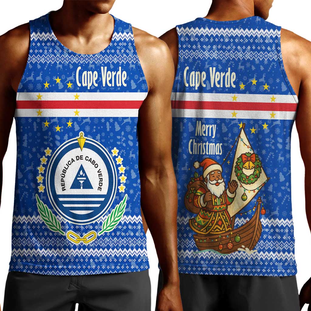 Cape Verde Christmas Men Tank Top Blue Festive Pattern Sailing Santa and National Emblem Motif - African Pride