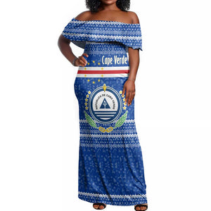Cape Verde Christmas Off Shoulder Maxi Dress Blue Festive Pattern Sailing Santa and National Emblem Motif - African Pride