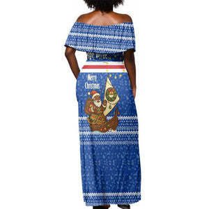 Cape Verde Christmas Off Shoulder Maxi Dress Blue Festive Pattern Sailing Santa and National Emblem Motif - African Pride