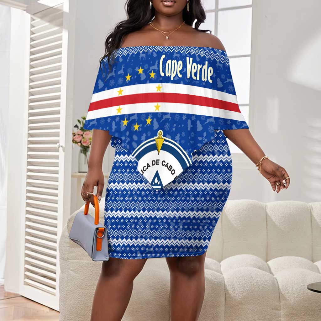 Cape Verde Christmas Off Shoulder Short Dress Blue Festive Pattern Sailing Santa and National Emblem Motif - African Pride