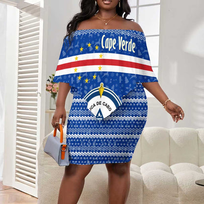 Cape Verde Christmas Off Shoulder Short Dress Blue Festive Pattern Sailing Santa and National Emblem Motif - African Pride