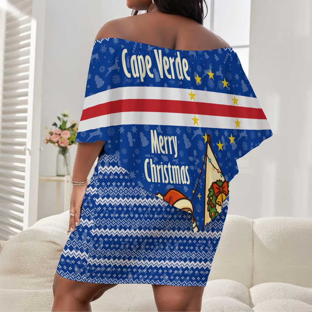 Cape Verde Christmas Off Shoulder Short Dress Blue Festive Pattern Sailing Santa and National Emblem Motif - African Pride