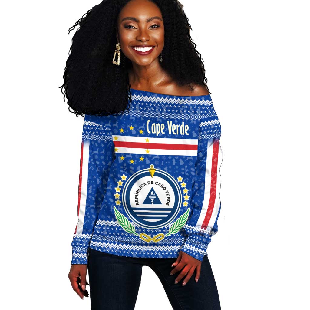 Cape Verde Christmas Off Shoulder Sweater Blue Festive Pattern Sailing Santa and National Emblem Motif - African Pride