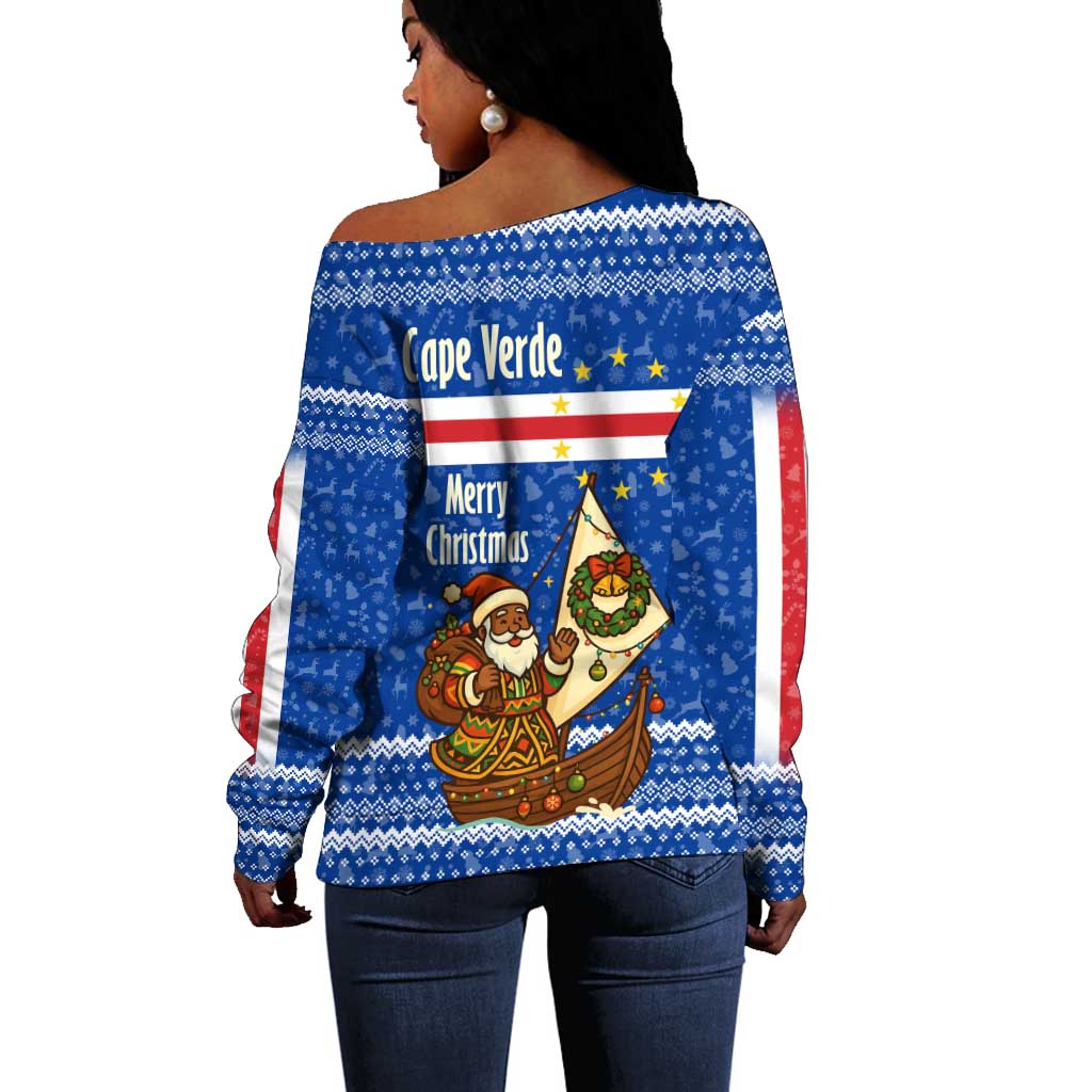 Cape Verde Christmas Off Shoulder Sweater Blue Festive Pattern Sailing Santa and National Emblem Motif - African Pride