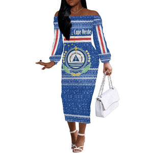 Cape Verde Christmas Off The Shoulder Long Sleeve Dress Blue Festive Pattern Sailing Santa and National Emblem Motif - African Pride