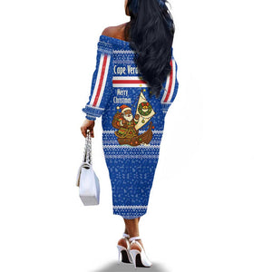 Cape Verde Christmas Off The Shoulder Long Sleeve Dress Blue Festive Pattern Sailing Santa and National Emblem Motif - African Pride