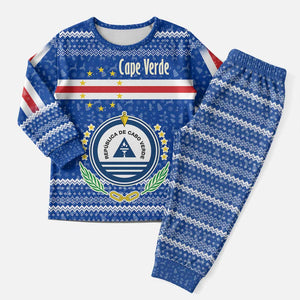 Cape Verde Christmas Pajama Set Blue Festive Pattern Sailing Santa and National Emblem Motif - African Pride