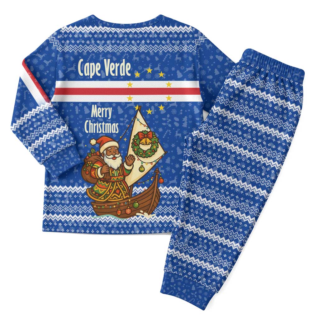 Cape Verde Christmas Pajama Set Blue Festive Pattern Sailing Santa and National Emblem Motif - African Pride