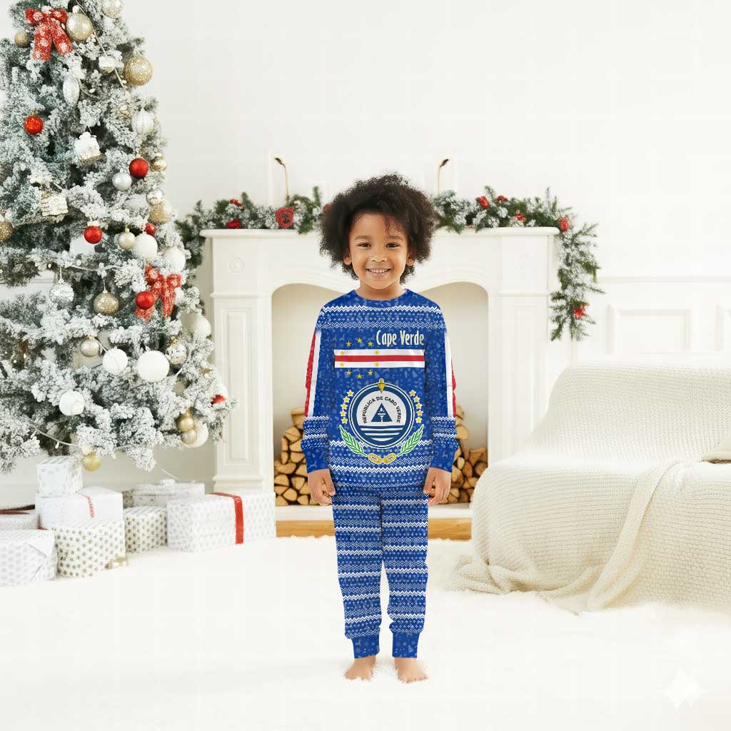 Cape Verde Christmas Pajama Set Blue Festive Pattern Sailing Santa and National Emblem Motif - African Pride