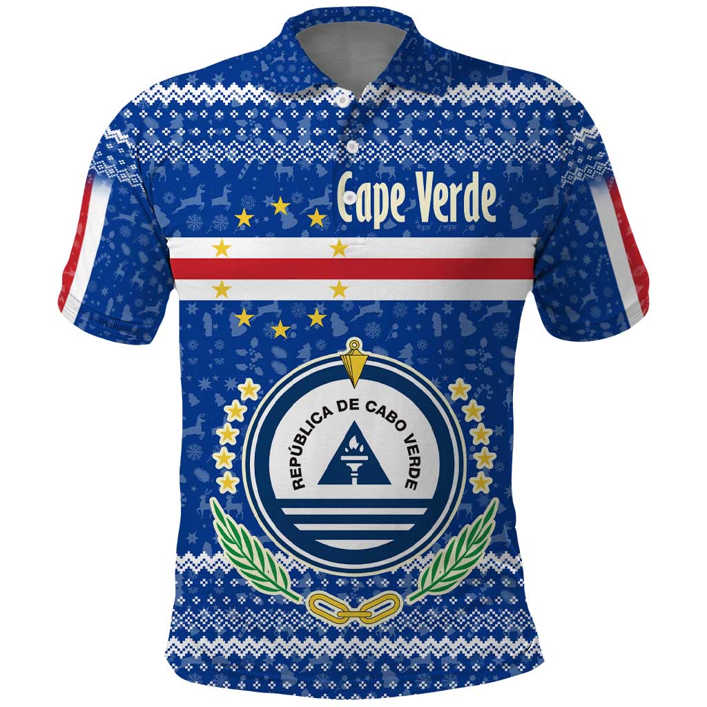 Cape Verde Christmas Polo Shirt Blue Festive Pattern Sailing Santa and National Emblem Motif - African Pride