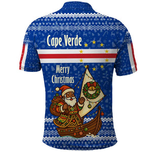 Cape Verde Christmas Polo Shirt Blue Festive Pattern Sailing Santa and National Emblem Motif - African Pride
