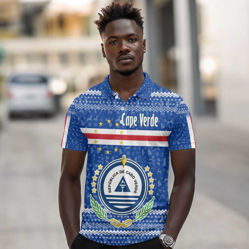 Cape Verde Christmas Polo Shirt Blue Festive Pattern Sailing Santa and National Emblem Motif - African Pride