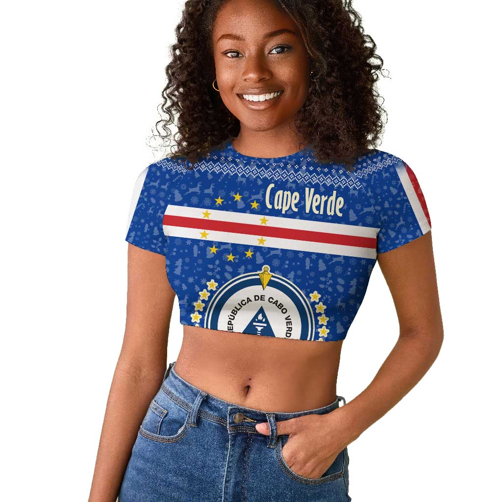 Cape Verde Christmas Raglan Cropped T shirt Blue Festive Pattern Sailing Santa and National Emblem Motif - African Pride