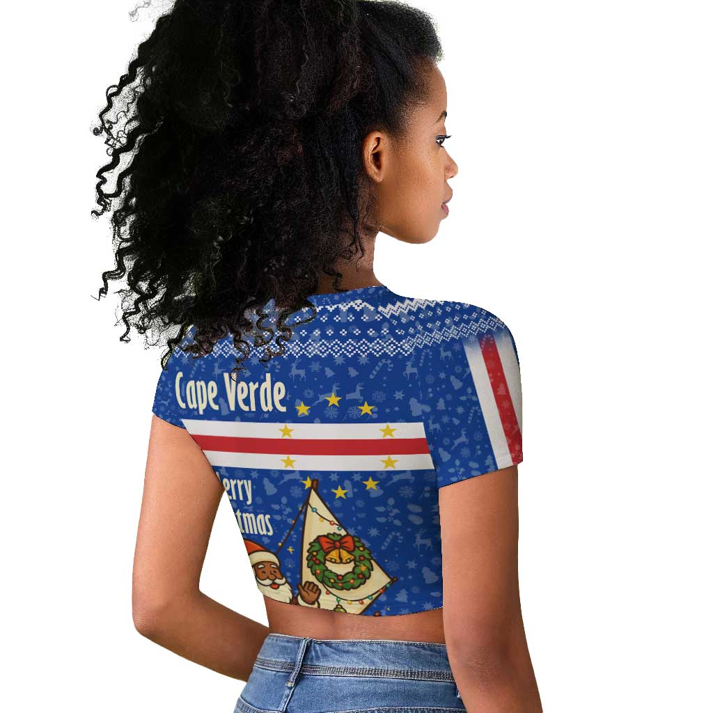 Cape Verde Christmas Raglan Cropped T shirt Blue Festive Pattern Sailing Santa and National Emblem Motif - African Pride