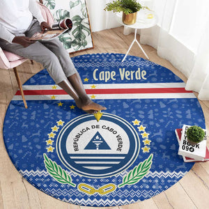 Cape Verde Christmas Round Carpet Blue Festive Pattern Sailing Santa and National Emblem Motif - African Pride