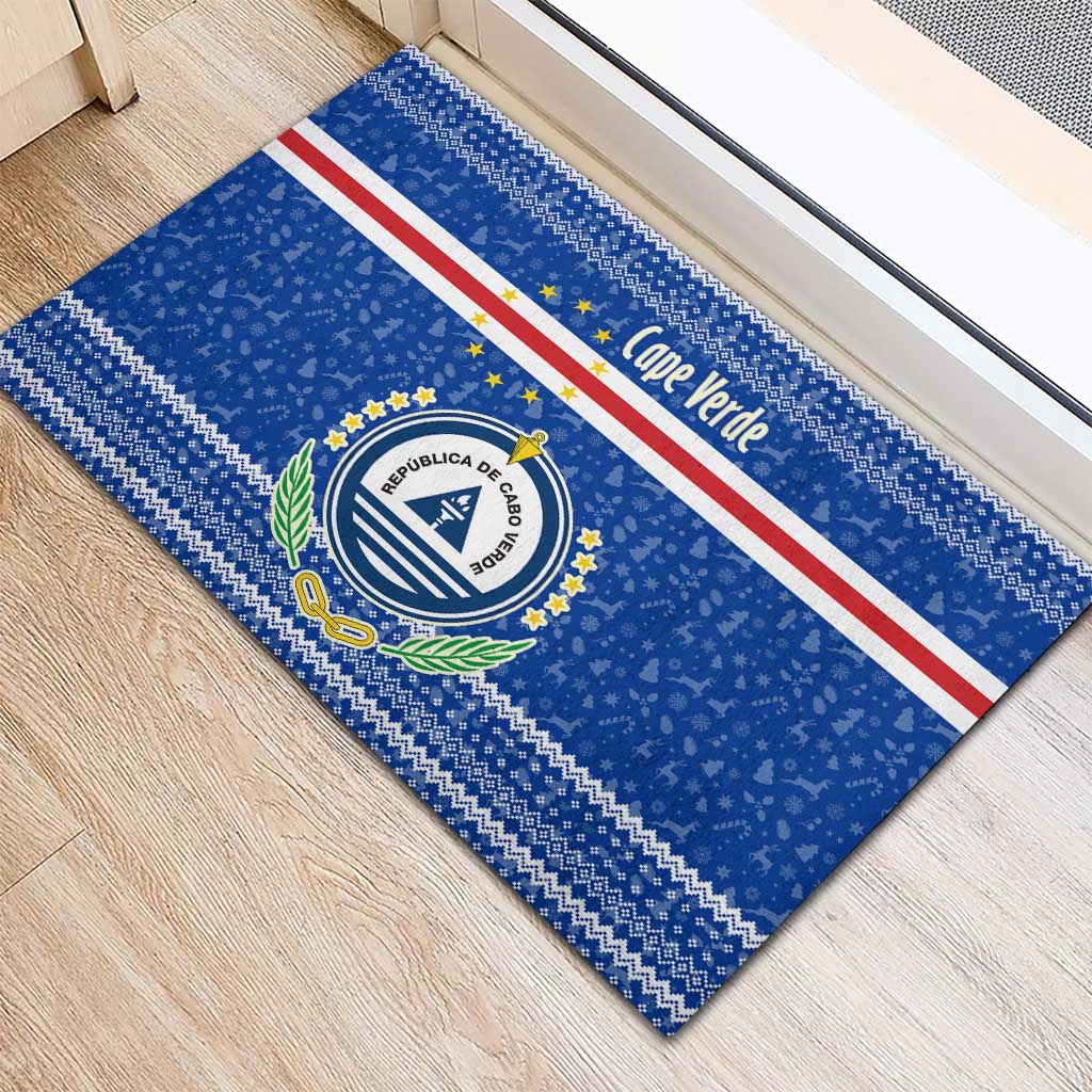 Cape Verde Christmas Rubber Doormat Blue Festive Pattern Sailing Santa and National Emblem Motif - African Pride