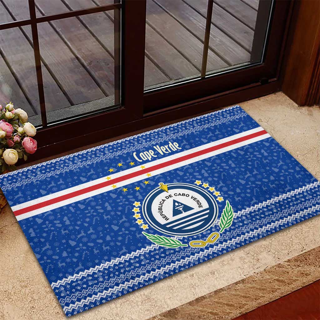 Cape Verde Christmas Rubber Doormat Blue Festive Pattern Sailing Santa and National Emblem Motif - African Pride