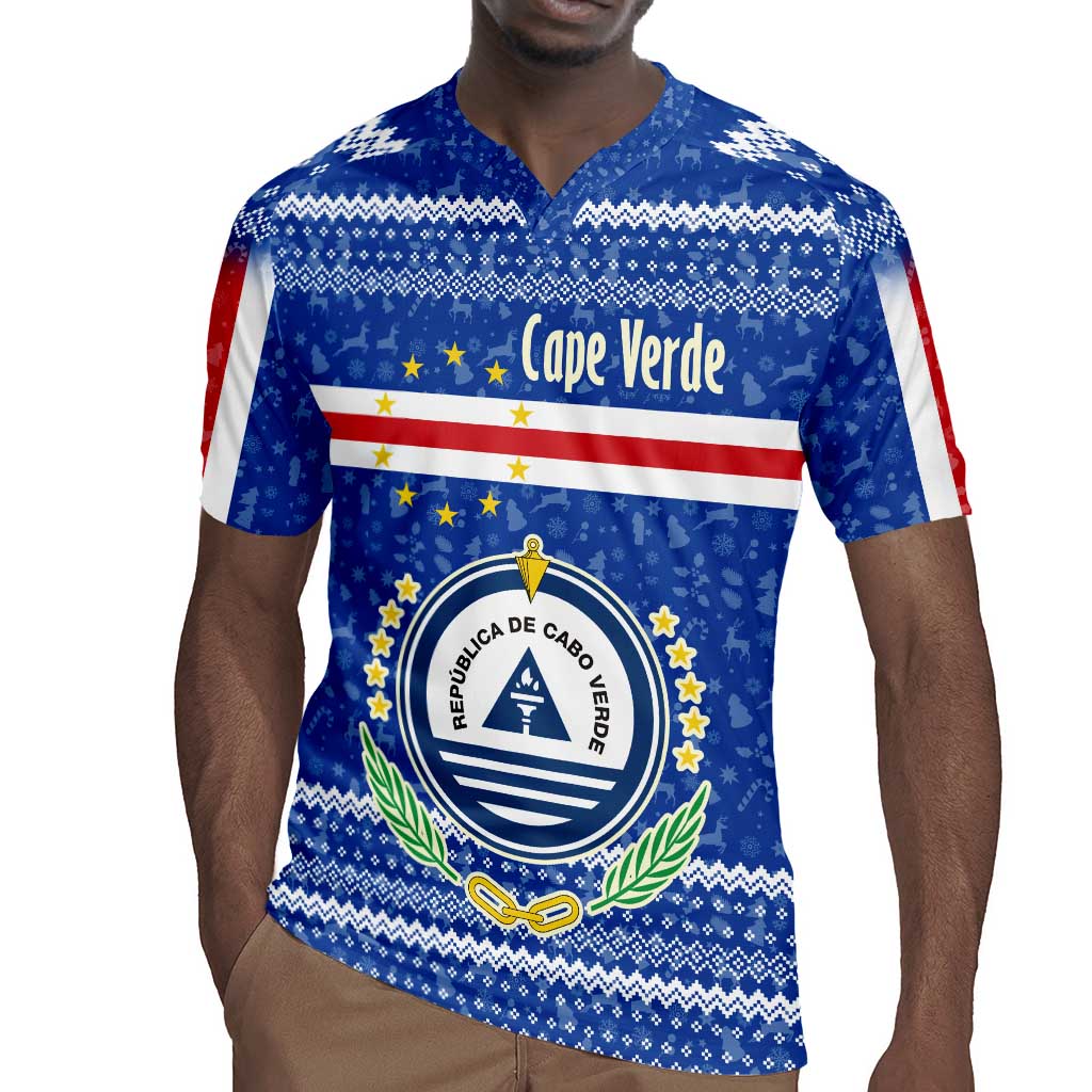 Cape Verde Christmas Rugby Jersey Blue Festive Pattern Sailing Santa and National Emblem Motif - African Pride