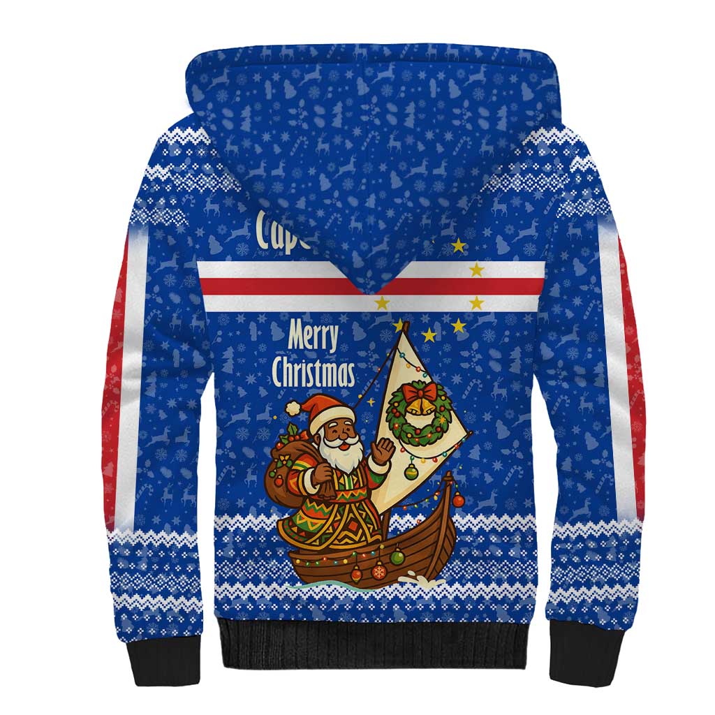 Cape Verde Christmas Sherpa Hoodie Blue Festive Pattern Sailing Santa and National Emblem Motif - African Pride