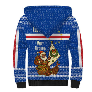 Cape Verde Christmas Sherpa Hoodie Blue Festive Pattern Sailing Santa and National Emblem Motif - African Pride